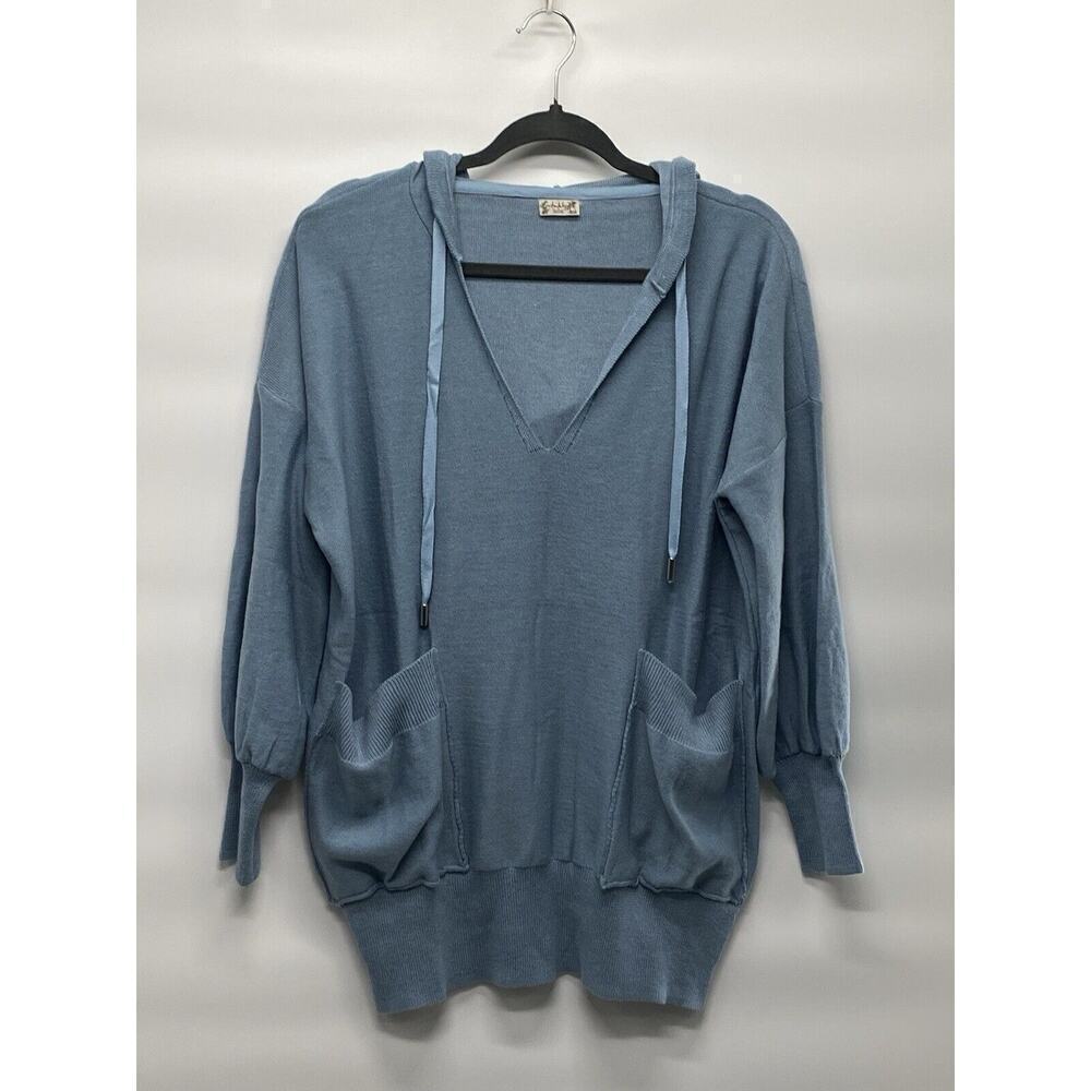 Free People Blue Hooded V-Neck Pullover Sweater